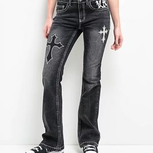 Alyssia Cross Black Ninth Hall Mid Rise Flare Women Jeans