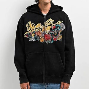 Ninth Hall Big Moves Black Wash Zip Up Hoodie