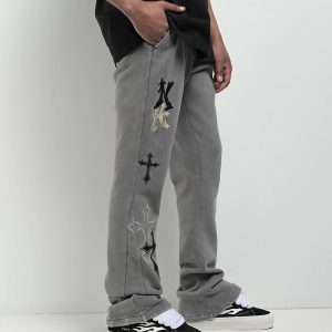 Ninth Hall Crosses Grey Wash Stacked Flare Sweatpants