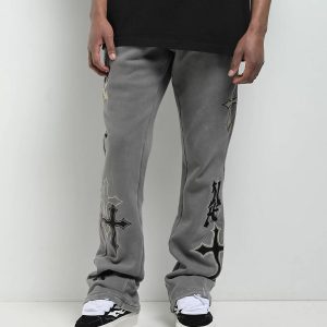 Ninth Hall Crosses Grey Wash Stacked Flare Sweatpants